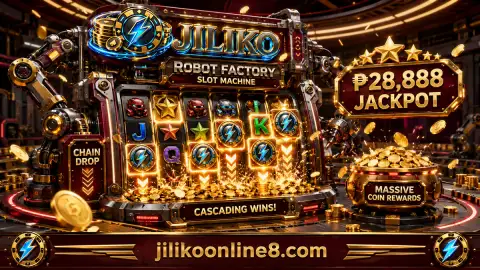 jiliko slot login: JILIKO slot reel scene framed by electric-blue light, coins and bright machine details
