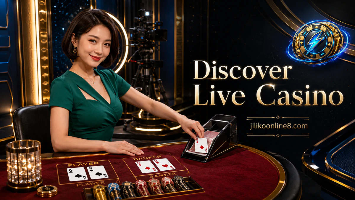 JILIKO online casino login live table scene with resting cards, waiting chips and blue-gold casino lighting
